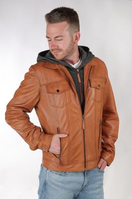 Herren Lederjacke Endi Nappa Leder Bikerjacke abnehmbarer Kapuze Farbe cognac