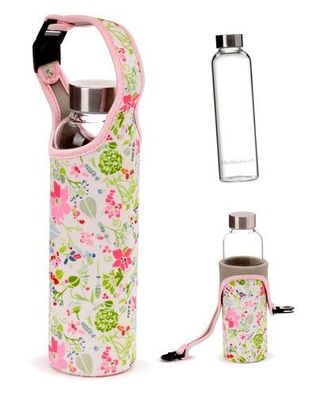 Julie Dodsworth Rosa Botanik Trinkflasche Glas Wasserflasche mit Hülle NEU