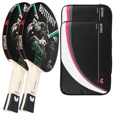 Butterfly 2x Timo Boll SG11 Tischtennisschläger + 2x Tischtennishülle Drive Case II