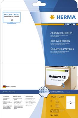 Herma 10020 10020 Etiketten A4 weiß 199,6x143,5 mm Movables/ablösbar Papier matt