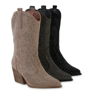 VAN HILL Damen Leicht Gefütterte Cowboystiefel Stiefel Spitze Strass Schuhe 841327