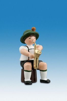 Holzfigur Musikanten mit Hut und Saxophon sitzend Höhe 7cm NEU Ganzjahresfigur Se