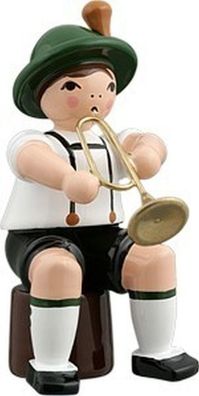 Holzfigur Musikanten mit Hut und Jazztrompete sitzend Höhe 7cm NEU Ganzjahresfigu