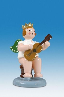 Holzfigur Engel sitzend mit Gitarre und Krone Höhe 6cm NEU Holzengel Instrument S