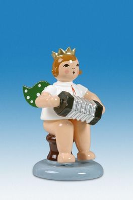 Holzfigur Engel sitzend mit Konzertina und Krone Höhe 6cm NEU Holzengel Instrumen