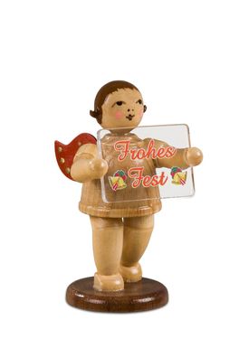 Holzfigur Weihnachtsengel mit Weihnachtsschild natur ohne Krone Höhe 6,5cm NEU Ho