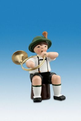 Holzfigur Musikanten mit Hut und Parforcehorn sitzend Höhe 7cm NEU Ganzjahresfigu