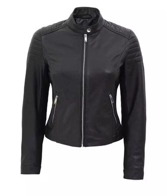 Schwarze wattierte Bikerlederjacke aus Rindsleder für Damen Echte Lederjacke Motorrad