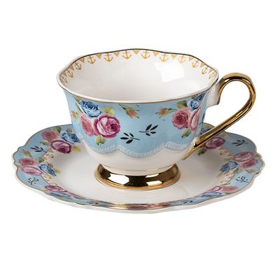 Clayre & Eef Tasse mit Untertasse 160 ml Blau Weiß Porzellan Rund Blumen