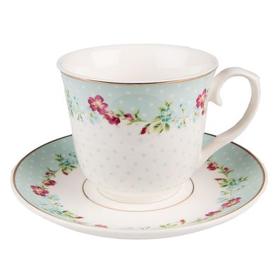 Clayre & Eef Tasse mit Untertasse 250 ml Weiß Grün Porzellan Blumen