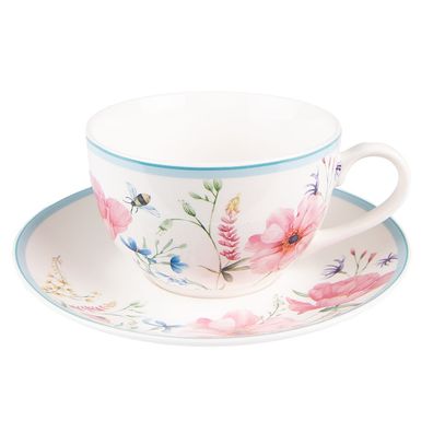 Clayre & Eef Tasse mit Untertasse 230 ml Weiß Rosa Porzellan Blumen