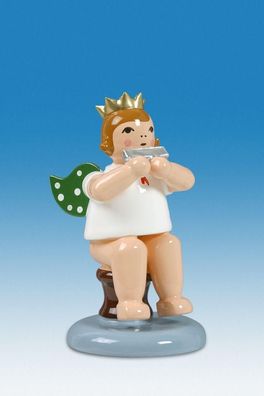 Holzfigur Engel sitzend mit Mundharmonika ohne Krone Höhe 6cm NEU Holzengel Instr