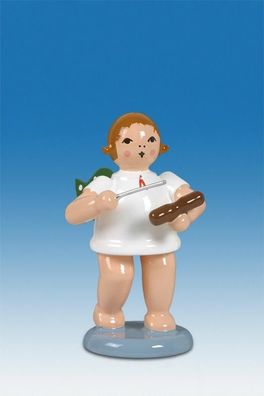 Holzfigur Engel mit Holzblocktrommel und Krone Höhe 6cm NEU Holzengel Instrument