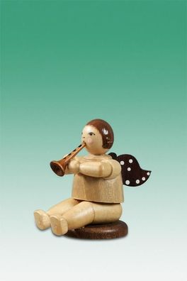 Holzfigur Musikantenengel mit Flöte flach sitzend natur ohne Krone Höhe 6,5cm NEU