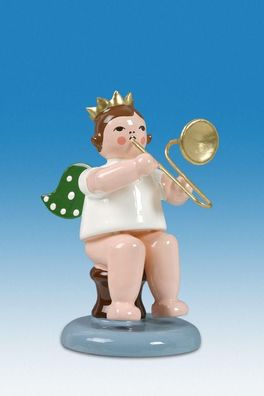 Holzfigur Engel sitzend mit Posaune und Krone Höhe 6cm NEU Holzengel Instrument S