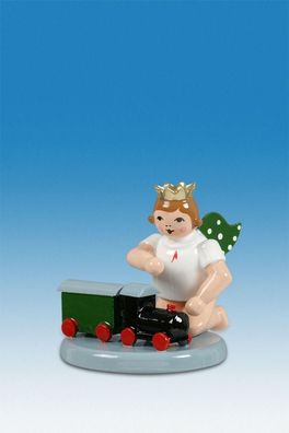 Holzfigur Engel mit Eisenbahn und Krone kniend Höhe 6cm NEU Holzengel Gottesbote