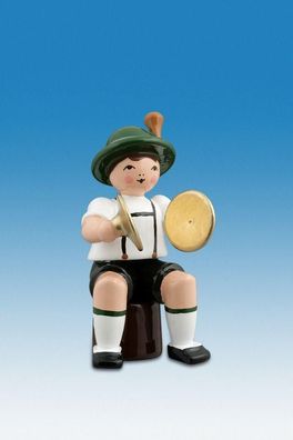 Holzfigur Musikanten mit Hut und Becken sitzend Höhe 7cm NEU Ganzjahresfigur Seif