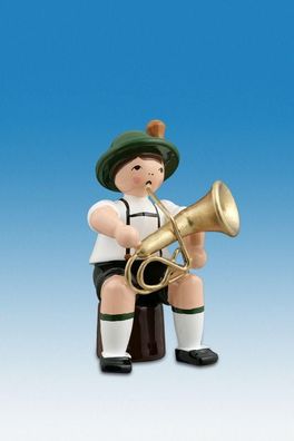 Holzfigur Musikanten mit Hut und Baritonhorn sitzend Höhe 7cm NEU Ganzjahresfigur