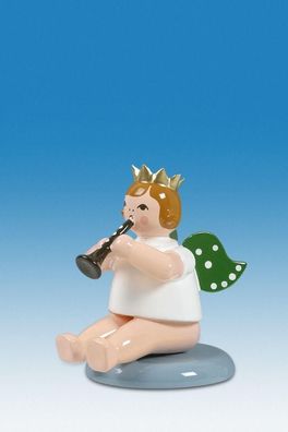 Holzfigur Engel sitzend mit Flöte ohne Krone Höhe 6cm NEU Holzengel Instrument Se