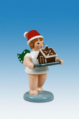 Holzfigur Bäckerengel mit Pfefferkuchenhaus und Mütze Höhe 6cm NEU Holzengel Inst