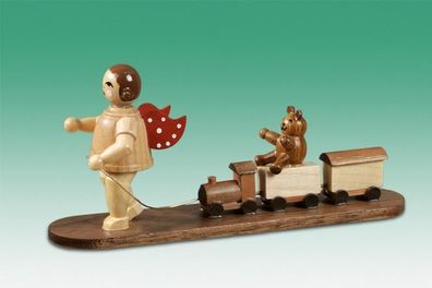 Holzfigur Engel mit Eisenbahn Teddybär natur ohne Krone Höhe 6,5cm NEU Holzengel