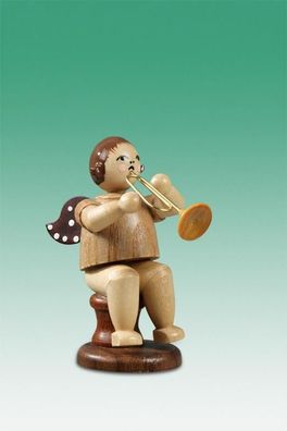 Holzfigur Musikantenengel mit Jazztrompete sitzend mit Krone natur Höhe 6,5cm NEU