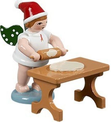Holzfigur Bäckerengel mit Teigrolle am Tisch ohne Krone Höhe 6cm NEU Holzengel In