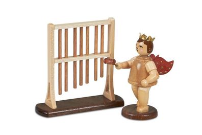 Holzfigur Musikengel mit Röhrenglockenspiel und Krone Höhe 6,5cm NEU Bote Gottes