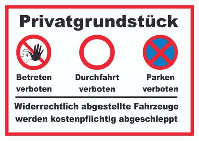 Privatgrundstück Betreten, Durchfahrt und Parken verboten Schild