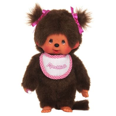 Mädchen mit Zöpfen | 20 cm | Monchhichi Puppe | 2 Zöpfe und Lätzchen