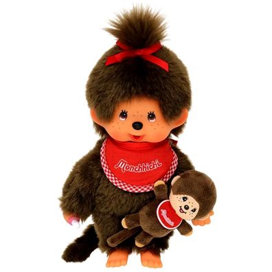 Mädchen mit Mini Monchi | 20 cm | Monchhichi Puppe | mit rotem Latz