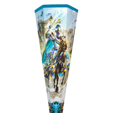 Schultüte RITTER mit Spitzenschutz Pferd Ritterburg blaue Zuckertüte 85 cm 6-eckig