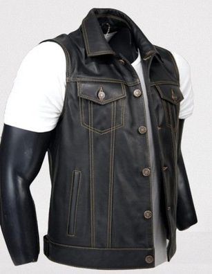 Herren Lederweste Hunt Club Style Schwarze Leder Jeansweste Biker Geflochtener Stil