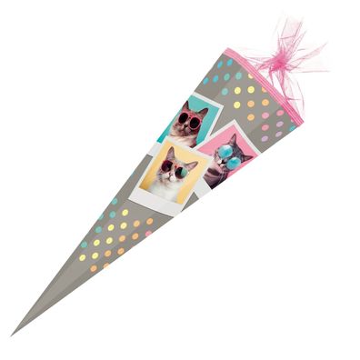 Schultüte COOL CATS 85 cm 6-eckig Katzen-Zuckertüte mit rosa Tüllverschluss und Borte