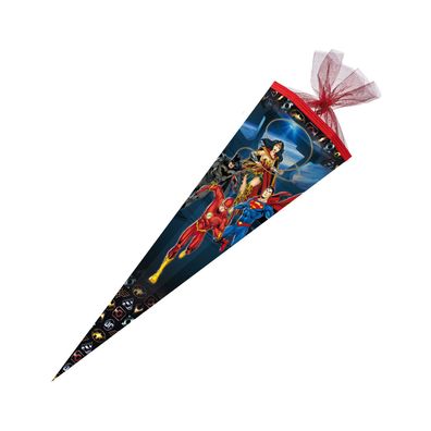 Schultüte Justice LEAGUE 85cm 6eckig Zuckertüte Batman Superman rot mit Spitzenschutz