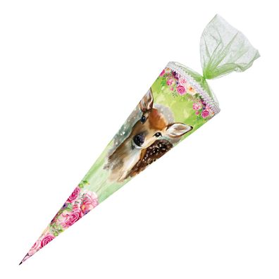 Schultüte Rehkitz 85 cm mit Pailletten-Borte & Verschluss Zuckertüte Fantasy Blumen