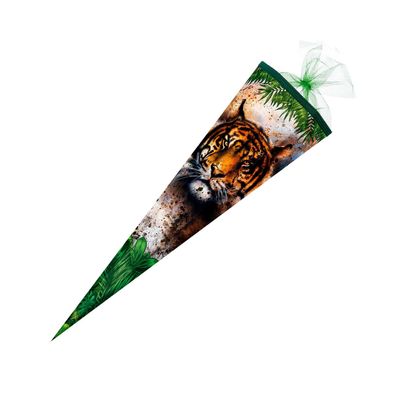 Schultüte TIGER Dschungel Zuckertüte Tiere 6-eckig 85 cm mit Textilborte und Tüll