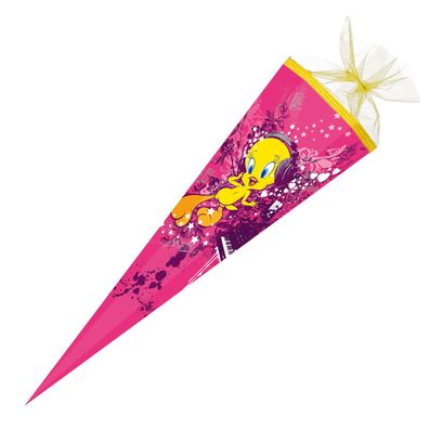 Schultüte TWEETY 85 cm 6-eckig große Zuckertüte mit Borte & Tüllverschluss Vogel rosa