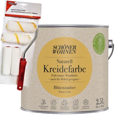 2,5L Schöner Wohnen Naturell Kreidefarbe Blütenzauber, Warmes Gelb + Farbroller-Set 5