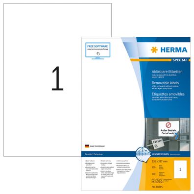 Herma 10315 10315 Universaletiketten - 210 x 297 mm, weiß, ablösbar, matt, 100 Stück