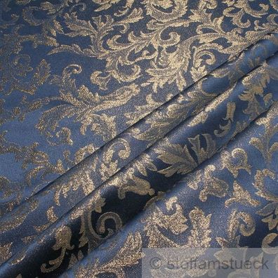 Stoff Polyester Jacquard Ornament blau gold Lurex Goldbrokat Barock Rokoko 280