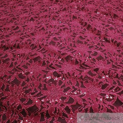 Stoff Polyamid Polyester Elastan Spitze bordeaux Blume Pailletten fließend