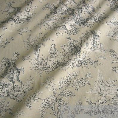 Stoff Baumwolle Rips beige Toile de Jouy Jagd schwarz 280 cm breit