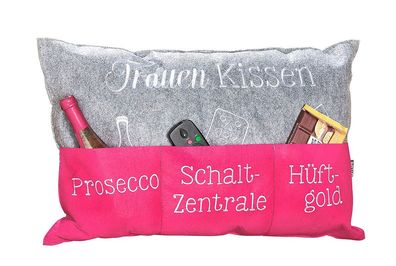 Gilde Frauenkissen hellgrau magenta mit Taschen, bestickt Prosecco Schaltzent