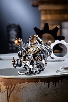 Gilde Skulptur "Steampunk Skull" antik silberfarben mit kupferfarbenen Elementen,