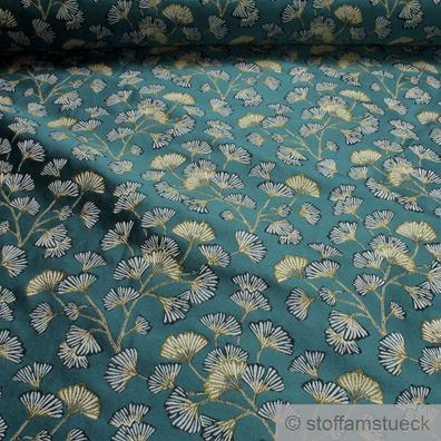 Stoff Polyester Gobelin petrol Ginkgo Blatt dschungel