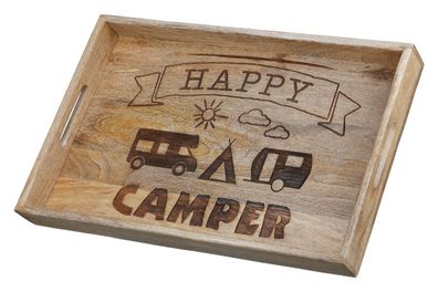 Gilde Deko Tablett "Camping" naturfarben aus Mangoholz, breit "Happy Camper" nur