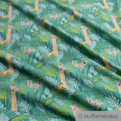 0,5 Meter Kinderstoff Baumwolle Elastan Single Jersey grün Faultier Giraffe