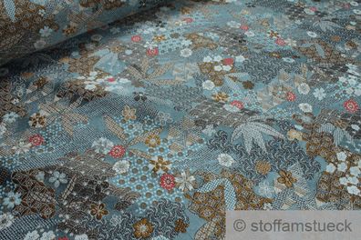 Stoff Polyester Gobelin hellblau Blume Blüte Blatt blickdicht Dekostoff