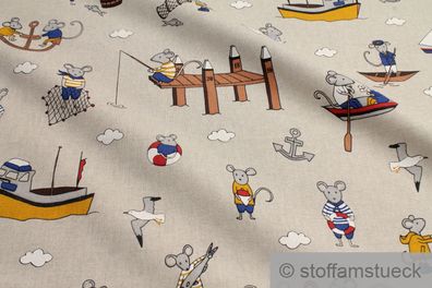 Stoff Kinderstoff Baumwolle Polyester Rips natur Maus Maritim Leinenoptik Angeln